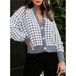 Gray Houndstooth Print Chunky Knit Button Down Long Sleeve Cardigan Sweater‎ Top
